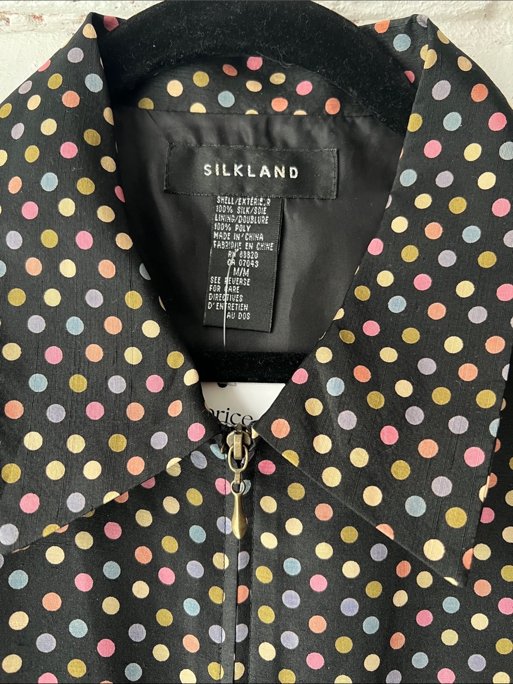 100% silk Black Polka Dot Sleeveless Zip Front Top collared slim fit moto vest - Picture 2 of 7